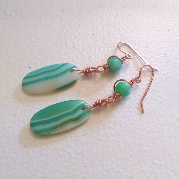 Banded Green Agate & Kiwi Jasper - Long Dangle Earrings - Copper Wire Earwires - Picture 1 of 10